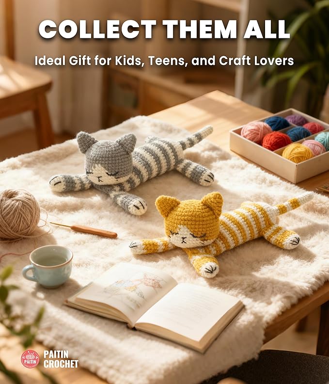 PAITIN Crochet Kit for Beginners – DIY Sleeping Cat Amigurumi Crochet Project Kit with Step-by-Step Video Tutorial, Complete Materials and Beginner Handbook