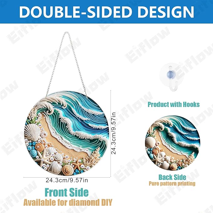 Eiflow Acrylic Diamond Art Hanging Kit for Adults, DIY Diamonds Painting Door Hanging Board Kit, Special Crystal Diamond Art Painting Pendant Ornament (Beach)