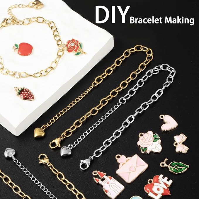 Wurosi 24PCS 6.3Inch Chain Bracelets Kit 18K Gold Plated Charm Bracelet Chains Stainelss Steel Charm Bracelets with Heart Lobster Clasp Extender Chain for Women Jewelry Bracelet Making