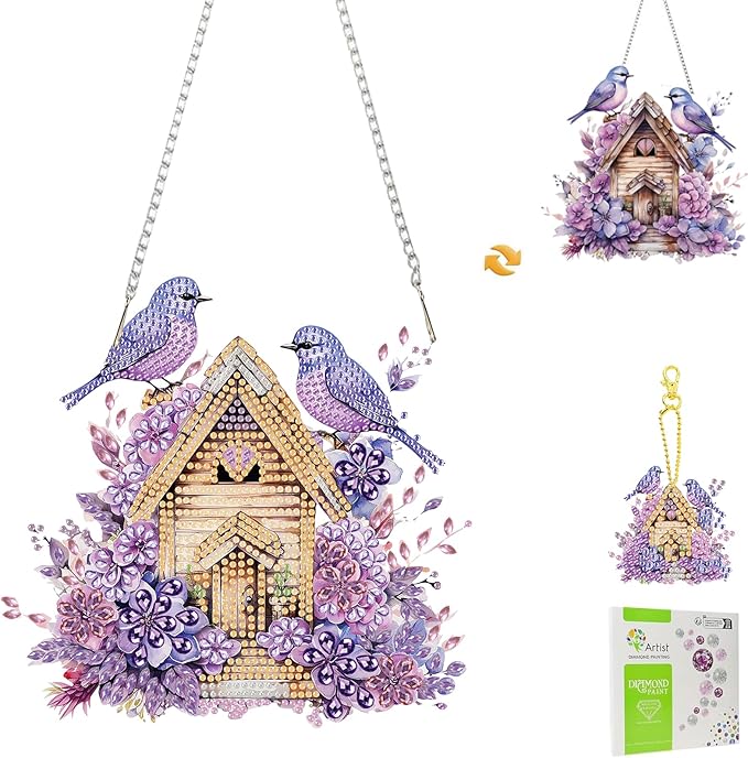 Masendp Purple Bird Diamond Painting Double-Sided Hanging Ornament Set, DIY Irregular Shaped Rhinestone Window Decoration Set, Suitable for Home and Garden Wall Decoration Gifts