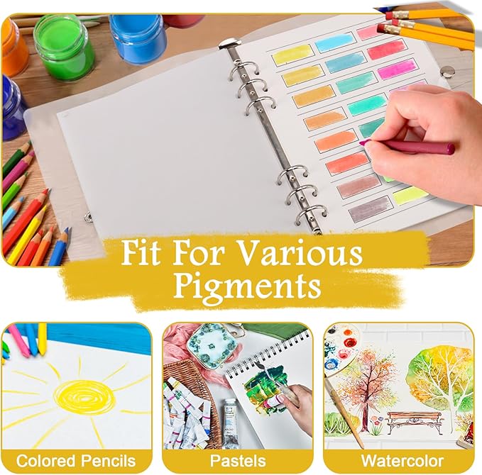 1 Pack Watercolor Swatch Book for Artists 140Lb 100% Cotton 15 Sheets Acid-Free Travel Size Painters Color Diary Spiral-Bound A5 Watercolor Journal Paper for Oil Pastels with Glassine PVC Cover