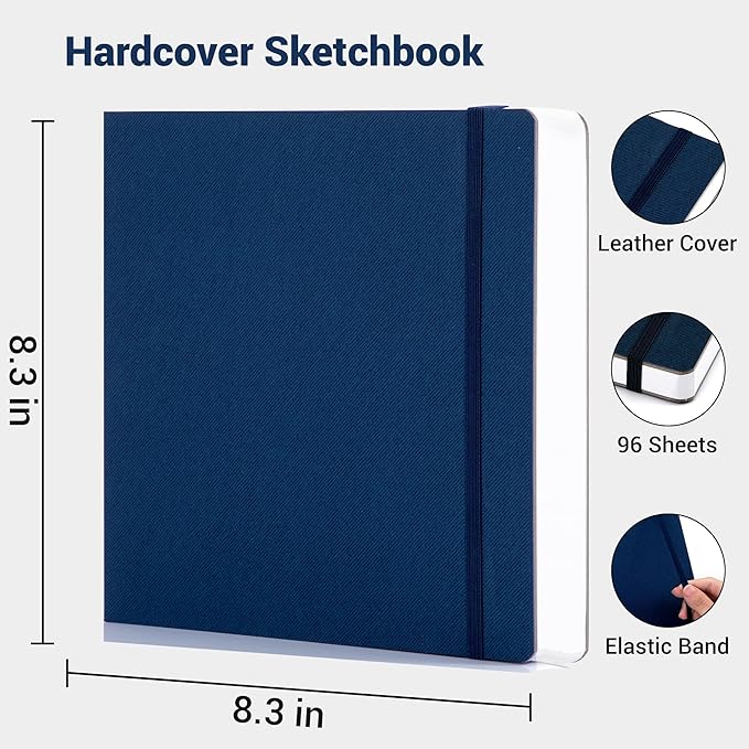 Hardcover Sketchbook for Drawing, 8.3"X 8.3" Square Sketch Book with 120 GSM Thick Drawing Paper, 192 Pages/96 Sheets Sketch Pad for Adults and Kids, Art Journal for Beginners Artists, Blue