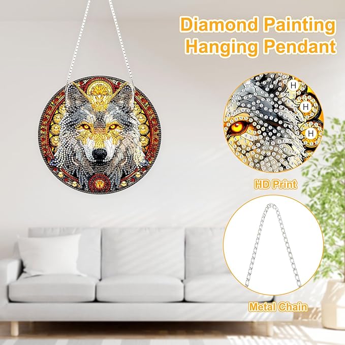 TOSTOG Diamond Art Hanging Kits for Adults, 5D Wolf Diamond Painting for Adults Window Pendant, Special Shape Diamonds Yellow Eye Wolf Diamond Painting Hanging Pendant Kit for Wall Decor Gift