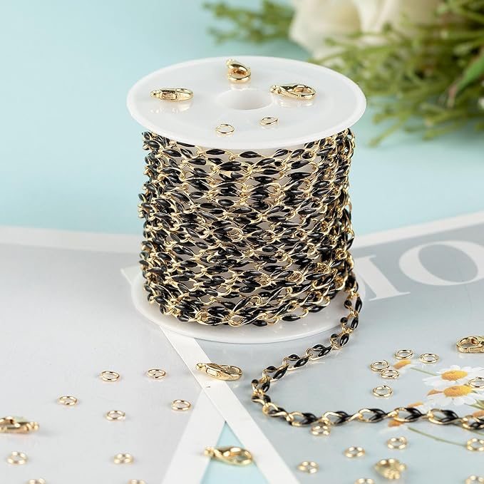 Black Oil Drip Chain for Jewelry Making, Gold Plated Brass Cable Link Chain Spool with Jump Rings and Lobster Clasps Jewelry Findings