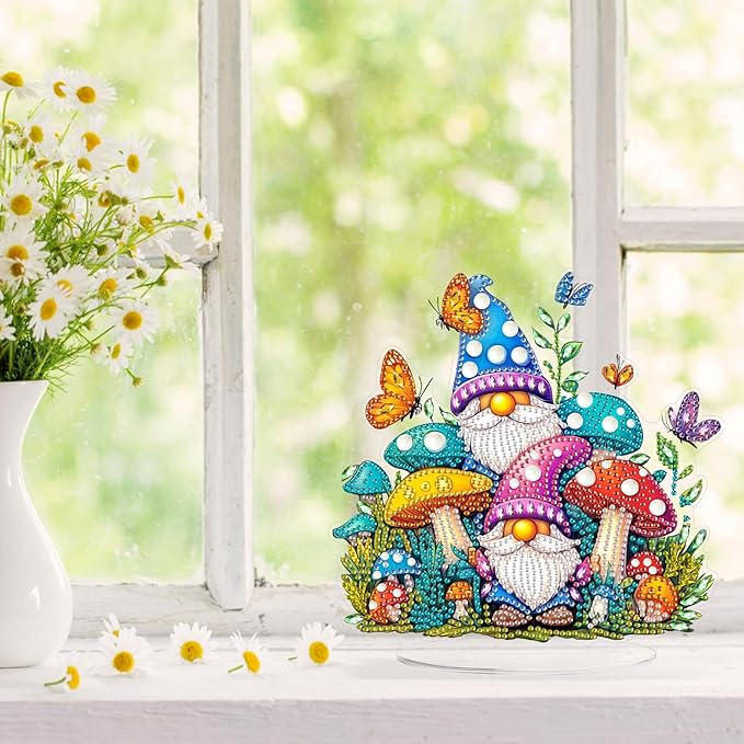 KEYIFA Diamond Painting Desktop Ornament, DIY Gnome Diamond Art for Adults Beginner, Mushroom Gem Arts Table Decor Special Shaped Rhinestone Crafts Home Desk Decoration Gift, Double Sided