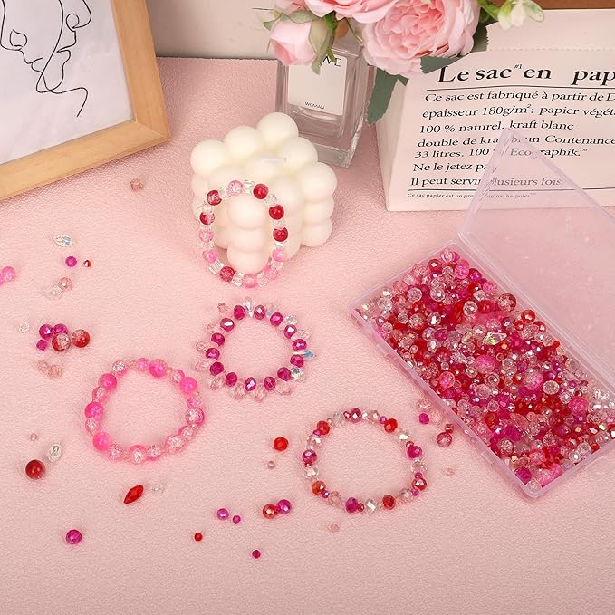 1000pcs Glass Beads for Jewelry Making Colorful Rainbow Craft Crystal Beads with Loose Beads Sparkly Beads for DIY Necklace Bracelet Earring(Red/Pink)