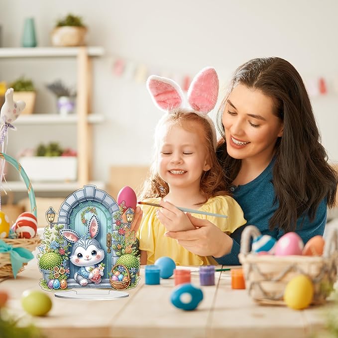 JJFox DIY Tabletop Diamond Art Painting Kit，Desktop Ornament Special Shaped Rhinestone Desk Placement Ornament，Home Stand Up Gem Painting Craft Kit Gift Double Sided (Easter Rabbit)