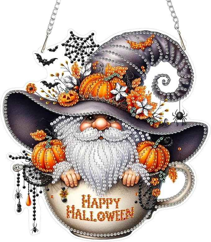 SENQAO Happy Halloween Gnome Diamond Art Hanging Kits for Adults Beginners, DIY Acrylic 5D Special Shaped Crystal Diamond Gem Art Painting Hanging Ornament for Home Wall Decor and Gift