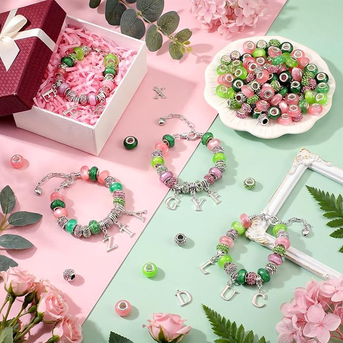 Batiyeer 237 Pcs Sorority Gifts for Women, DIY Sister Pink and Green Bracelets Making Kit, Paraphernalia Sorority Gifts for Women Sister Lady Greek Crystal Charm Sparkling Dress Accessory
