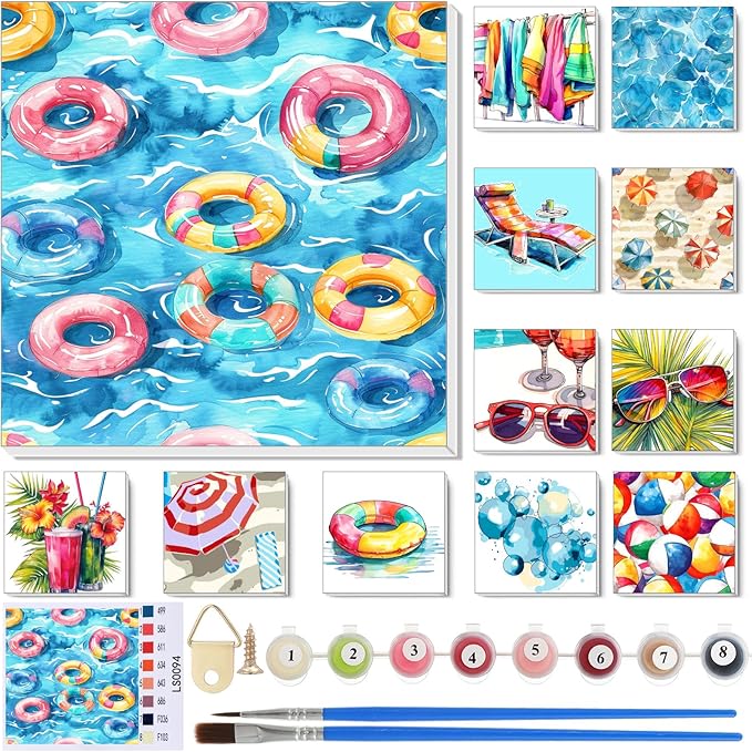 Nezyo 12 Sets Paint by Numbers Kit with Frame for Adult Beginners, Paint by Number DIY Acrylic Painting Canvas for Painting Party, Classroom Activity Birthday Gift, 8 x 8 Inch