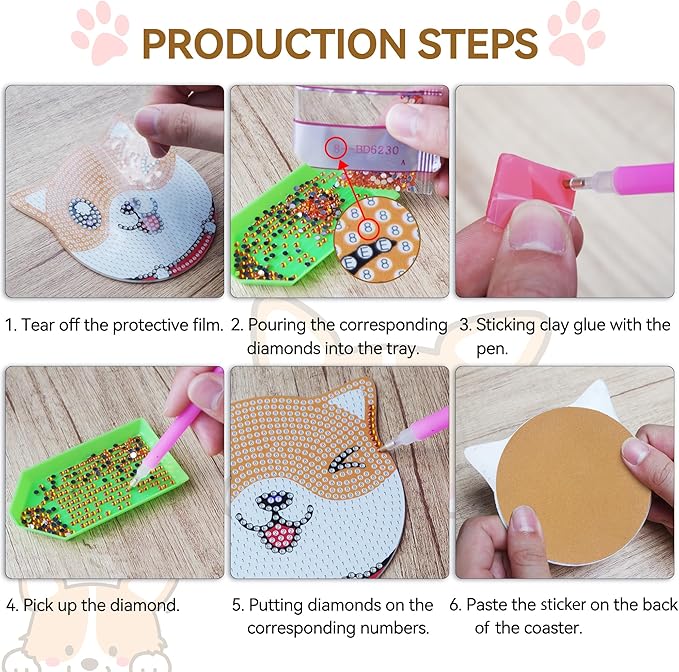 Vcekract Diamond Painting Coasters Kits, 6 Pices Dog Diamond Art Coasters with Holder, Crafts Kits for DIY Coasters, Diamond Art Kits for Adults