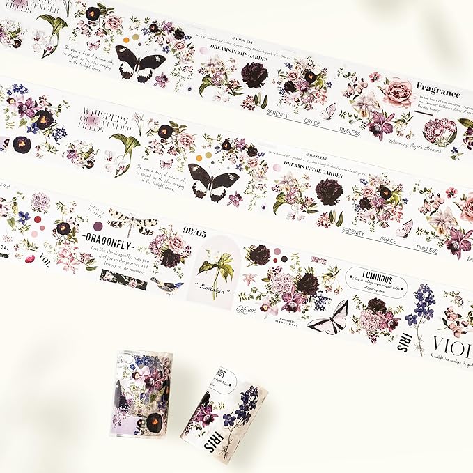 WT Pre-Cut Violet Veil Wide PET Tape, Single Roll, Soft Lilac Blossoms & Misty Backgrounds with Elegant Script, Transparent Decorative Tape for Journaling, Scrapbooking, Planner, DIY Crafts, 65mm x 5m