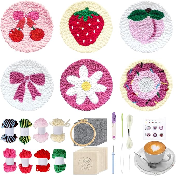 Pink Punch Needle Coaster Kit Strawberry Bow Floral Pattern Coasters Easy Punch Needle Embroidery Kit for Adults Beginner DIY Tufted Pads with Adhesive Felt Yarns Tools Embroidery Hoop Instruction
