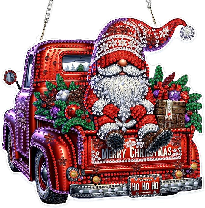MOGTAA Christmas Diamond Art Hanging Kits for Adults Kids, Christmas Truck Diamond Art Suncatchers, 5D Special Shape Gnome Diamond Painting Window Pendant Kit for Home Garden Wall Decor