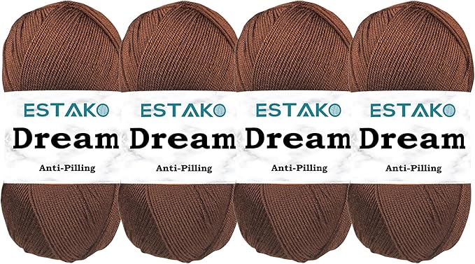 Estako Dream, (4 Skeins Pack) 100% Microfiber Acrylic Yarn, Soft, Super Fino/Fingering Weight (1) for Crochet and Knitting (4 x 3.5 Oz) / (4 x 382 Yrds) (70792 - Brown)