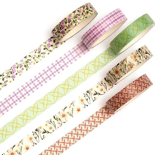 Fantasy Washi Tape Set - 5 Rolls Texture Arts Adhesive Tapes Basic Patterns Decorative Masking Tape Sets for Craft, Kids, Scrapbook, DIY, Gift Wrapping (7-Floral Breeze)