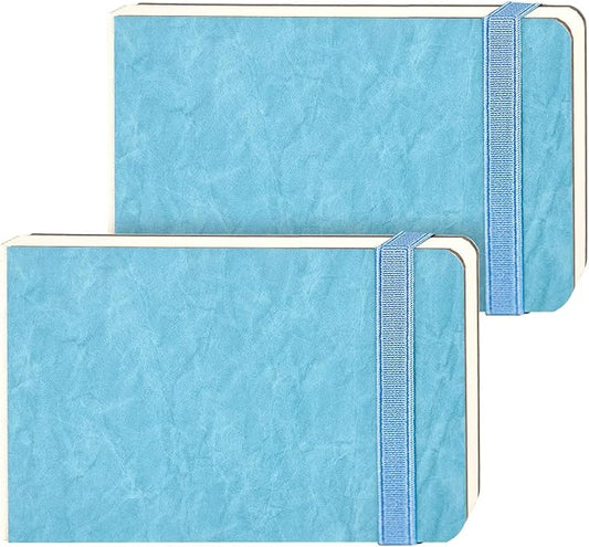 Funto Watercolor Paper Journal 2-Pack, 3.5x5.5, 44 Pages Each, 100% Cotton Cold Press, PU Leather Blue Hard Cover, Art Supplies for Mixed Media