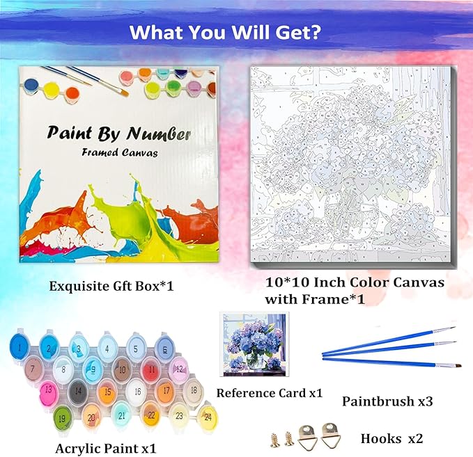 JUJUHOOD Hydrangeas Flowers Paint by Numbers Kit for Adults Beginner & Kids Ages 8-12, Purple Flower Paint by Number Without Easel, Simple Paint by Numbers for Gift Home Wall Decor (10x10Inch)