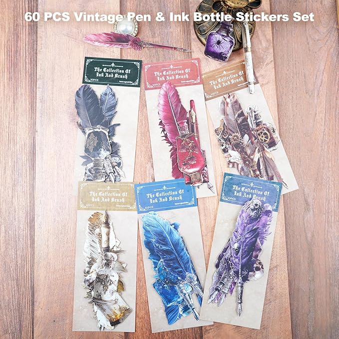 Vintage Pen & Ink Cardstock Stickers – 60pcs Antique Feather Quill & Ink Bottle Designs, Large Laser-Cut Peel and Stick Decor for Scrapbook Journal Junk Journal Collage Crafts