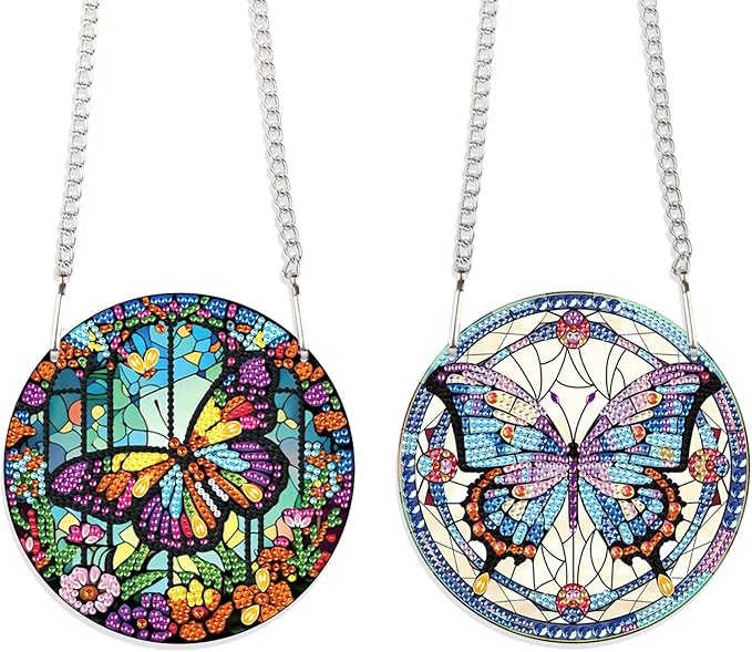 JISHSHAY 2 Pcs Diamond Painting Pendant Kits - Butterfly & Special Shape Diamond Art - Suncatchers & Hanging Art - Window Clings & Decor
