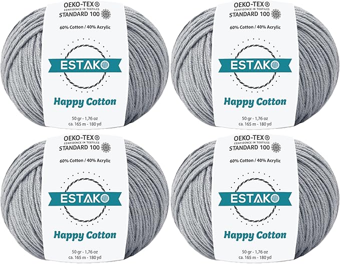 Estako Happy Cotton, (4 Skeins Pack) 60% Cotton 40% Acrylic Yarn, Soft, Fine/Sport (2) for Crochet and Knitting (4 x 1.76 Oz) / (4 x 180 Yrds) (4120 - Grey)