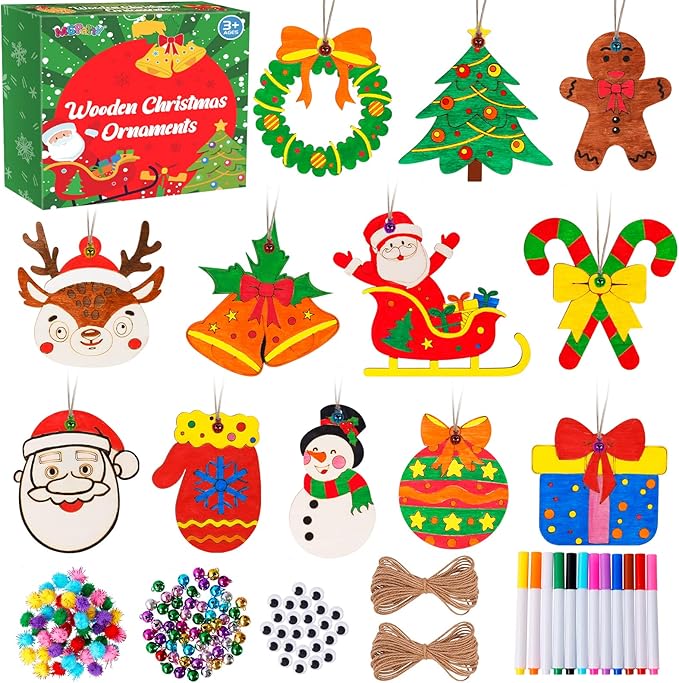 MGparty 60Pcs DIY Wood Slices, Wooden Christmas Ornaments Bulk for Crafts, Unfinished Paintable Wooden Hanging Decorations, Wood Kit for Crafts with 12 Coloured Pens and 60 Jingle Bells