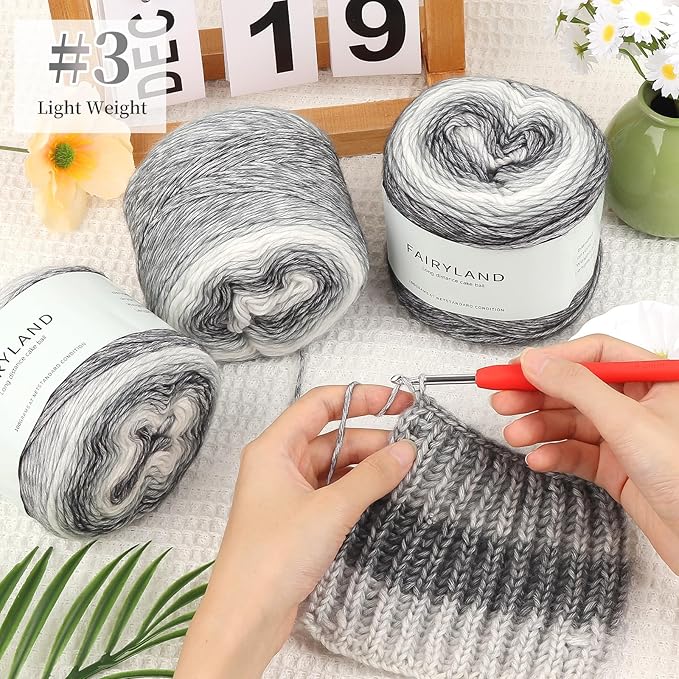 Aeelike Gradient Yarn for Crocheting, 6 Skeins Cake Yarns Fairyland Yarn 100g (3.52 oz) 245m (267 Yards) # 3 Light Weight - Super Soft Ombré Yarns for Making Colorful Crafts, Grey White Gradient