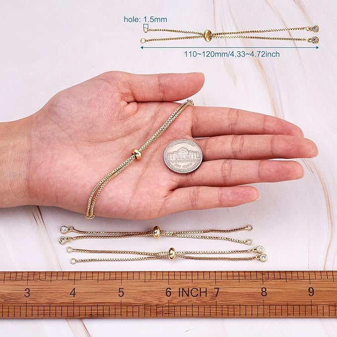 FASHEWELRY 10 Strands Adjustable Brass Bracelet Slider Extender Chains with Cubic Zirconia Ends 4-3/8" to 4-3/4"(110~120mm) Real 18K Gold Plated for DIY Jewelry Making