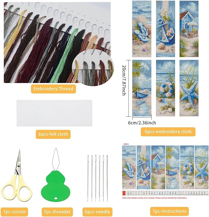 NEGEKFKX 6 Pcs Beach Cross Stitch Bookmark Kit for Adult Beginners,Flowers Cross Stitch Kits 14 CT DIY Crossstitch Kits Adult Stamped Bookmark Embroidery Bookmarks Kit