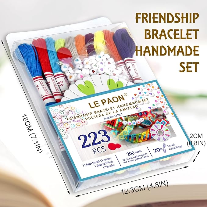LE PAON 20 skiens Embroidery Floss，Embroidery Thread Friendship Bracelet Stitch Kit， Crafts Thread with 200beads，1 roll of Transparent Thread, 1 Bracelet Wheel，1 Threader