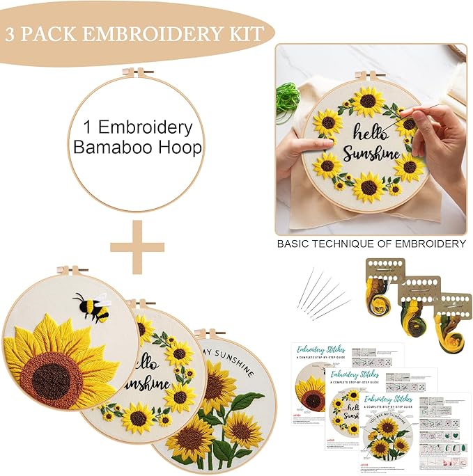 Nuberlic Sunflower Embroidery Kit 3 Pack Embroidery Kits for Adults Beginners Starter Cross Stitch Kit Set with Sunflower Floral Designs - Perfect DIY Gift