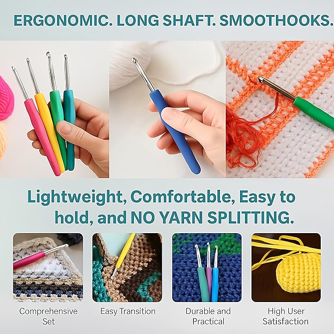 VOLYAR 14 Size Crochet Hook Set with case, 63 Pack Ergonomic Crochet Set 2mm(B)-10mm(N),Crochet Kit for Beginners, Long Crochet Needles