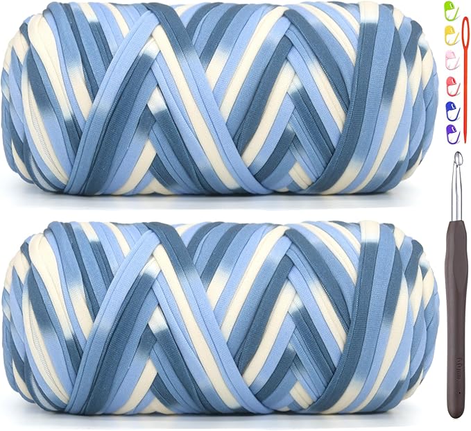 2 Pack Tshirt Yarn for Crocheting,Rainbow T Shirt Chunky Elastic Thick T-Shirt Crochet Yarn for Beginners Crocheting Hand Knitting Bag/Basket/Coasters/DIY Crafts/Home Decor 2 * 200G-Blue White Tone