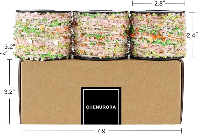 Artisanal Yarn Collection Multifiber Fancy Yarn for Knitting Crocheting Crafts DIY, Set of 3 Rolls (Interwoven Pink & Green with Golden Sequins)