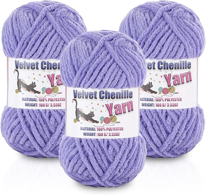 3 * 100g/3.5oz Fluffy Chenille Yarn for Crocheting, Chunky Velvet Yarn for Crochet Amigurumi, Used for Making Baby Yarns Blanket, Clothes, Pattern Knitting Creations (Light Lavender)