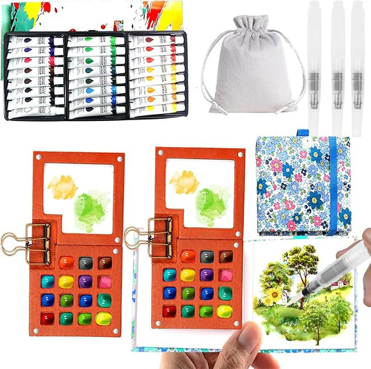Pocket Wooden Paint Palette with Metal Clip, Water Colour Paints Sets with Sketchbook & Water Pen for Painters,Artists,Beginner (Blue-24 Colors, L-15 Grids)