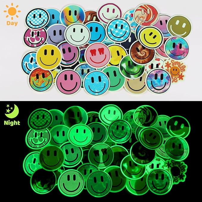 wercokt 50pcs smiling glow in the dark stickers, cute water bottle stickers for kids, for teaching rewards, notebooks, stationery, luggage, cartoon pvc happy stickers