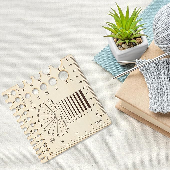 XLIUAX Wooden Rulers, Crochet Stitch Counter Spinner Yarn Measure Needle Gauge Swatch Ruler for Knitting Crochet Gauge Measuring Tool Poplar Square Measuring Tool Multi-Size Holes for Needles (C)