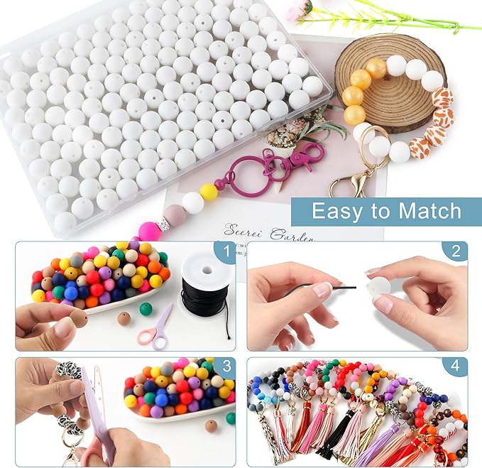 150Pcs 15mm Silicone Beads for Keychain Making Bracelet Necklace, Bulk Round Silicone Beads for Pens（White）