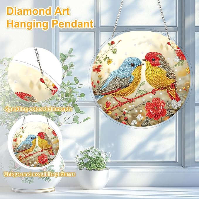 TOSTOG Birds Side by Side Diamond Art Pendant Kits for Adult, Diamond Painting Hanging Kit for Beginners, 5D DIY Crafts Gem Art, Waterproof Full Accessories for Home Decor Idea 20 * 20 cm/8 * 8 in