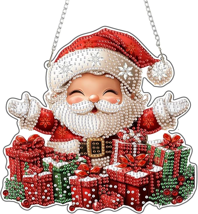 KEYIFA Christmas Diamond Painting Kit, DIY Santa Claus Diamond Art for Adults, Diamonds Painting Pendant Special Shaped Rhinestone Window Hanging Ornaments Home Garden Wall Door Decoration, 20cm Width