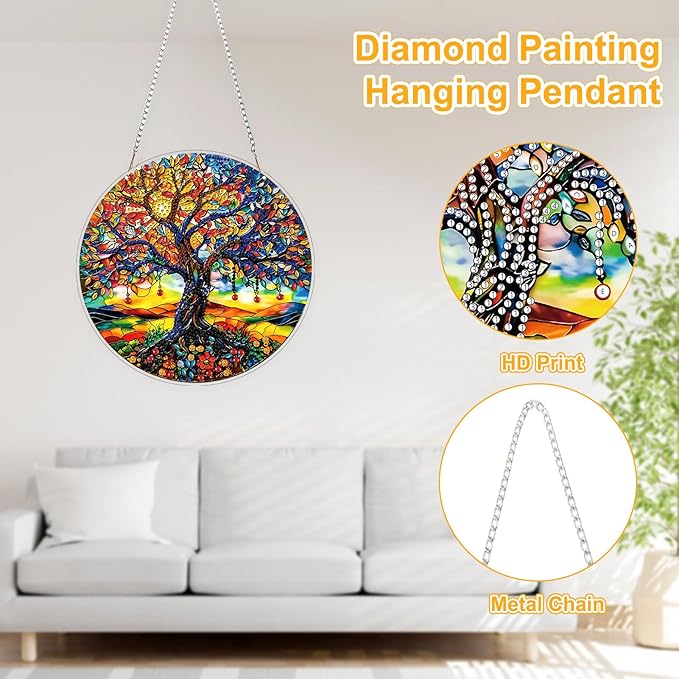 TOSTOG Tree of Life Diamond Art Pendant Kits for Adult, Diamond Painting Hanging Kit for Beginners, 5D DIY Crafts Gem Art, Waterproof Full Accessories for Home Decor Idea 20 * 20 cm/8 * 8 in