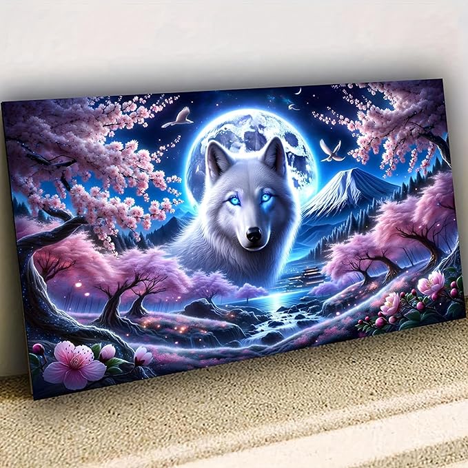 Animal DIY Diamond Paintings,Dream Landscape Wolf,Full Round Diamond Mosaic Art,5d Diamond Embroidery,Diamond Art Kits for Adults,Home Decor Large Size 31.5x15.75 inch