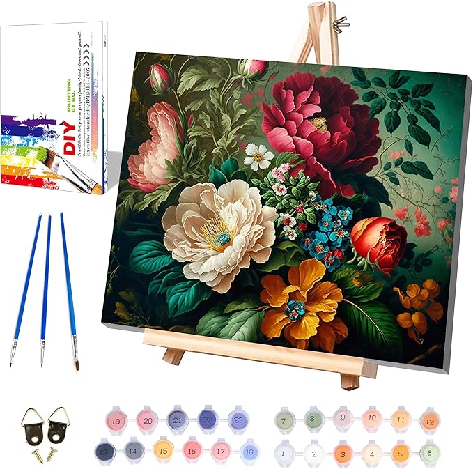 Peony Paint by Numbers for Adults with Framed Canvas-with Wooden Easel,Paint by Number on Canvas Flowers,DIY Acrylic Oil Painting Kits with Brushes Nice Gift Box for Home Wall Decor(16x20inch)