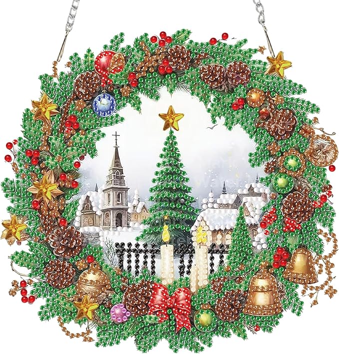Auremi Christmas Tree Diamond Art Painting Pendant Kits with Chain,5D Christmas Wreath Diamond Art Hanging Kit DIY Diamond Crystal Window Door Hanging Pendant Kit for Adults Gift Wall Decor