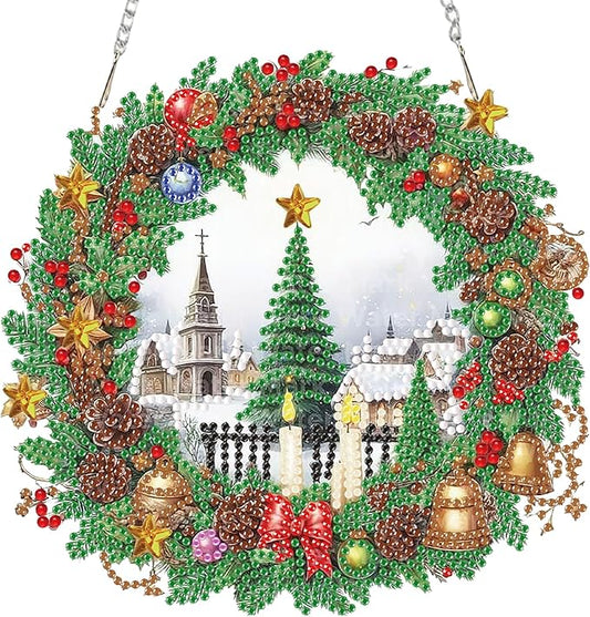 Auremi Christmas Tree Diamond Art Painting Pendant Kits with Chain,5D Christmas Wreath Diamond Art Hanging Kit DIY Diamond Crystal Window Door Hanging Pendant Kit for Adults Gift Wall Decor