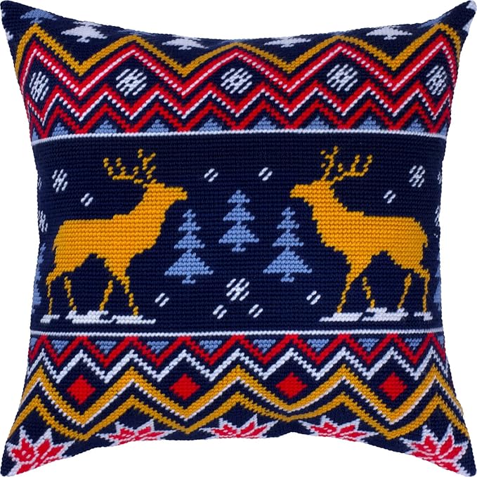 Brvsk Christmas Stamped Cross-Stitch Kit for Adults and Beginners — Winter Moose 16″ × 16″ with Clear, Precise Printed Design on Cotton Canvas; Includes 2 Needles, Yarn, and Easy-Read Chart