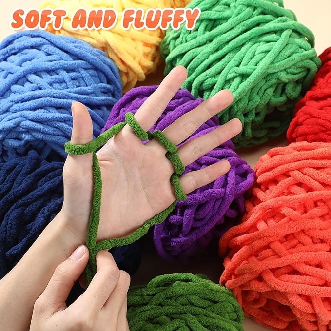 Buryeah 8 Pack Chunky Chenille Yarn for Crocheting Soft Thick Fluffy Yarn for Hand Knitting Bulky Velvet Blanket Plush for Weaving DIY Crafts Each 3.5 oz 55 Yards (Rainbow Colors)