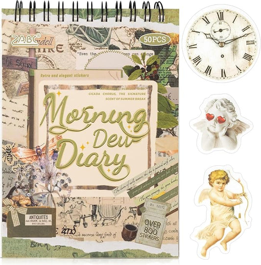 Uideyvi Morning Series Sticker Scrapbooking Supplies for Junk Journal, 25 Sheets Washi Stickers and 25 Sheets PET Stickers(TZ-010-002)