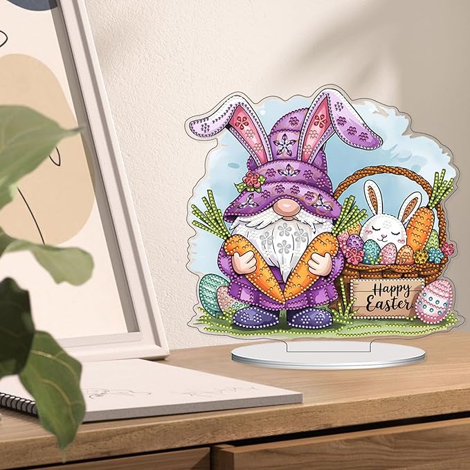 VODAPYC Easter Diamond Art Tabletop, DIY Stand Up Double Sided Special Shaped Partial Diamond Art Desktop Ornaments for Home Decor (Easter Gnome)